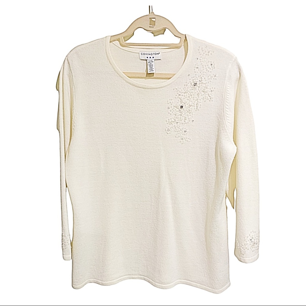 Covington Sweater Ivory Vintage Shoulder Sequins Design Pullover Sweater Size L